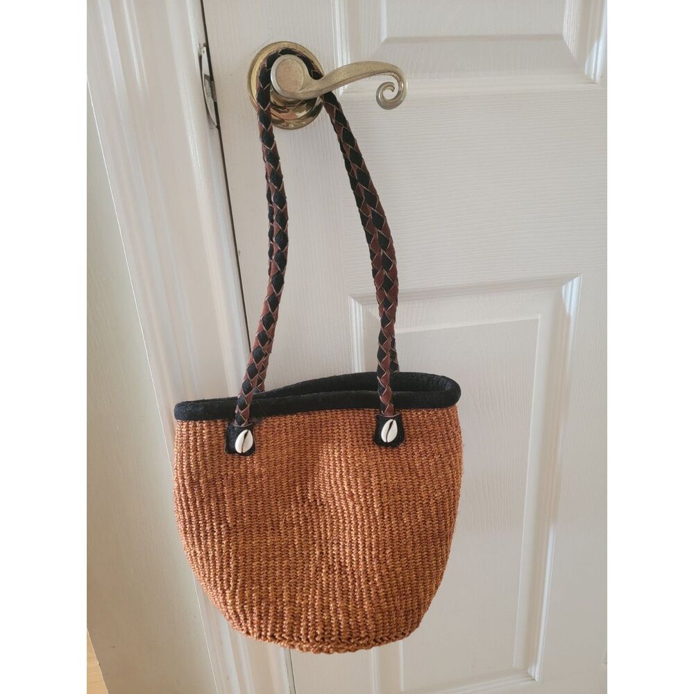Handcrafted African Kiondo Woven Sisal Shoulder Bag Cowrie Shell Orange Brown